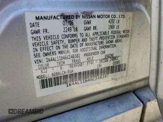 2006 Nissan Altima 2.5 S with VIN 1N4AL11D46C248381, listed as a Copart auction lot 51163395 with 102,640 mi miles and Salvage Title. Bid and sale history available at carsss.com. Image 12.