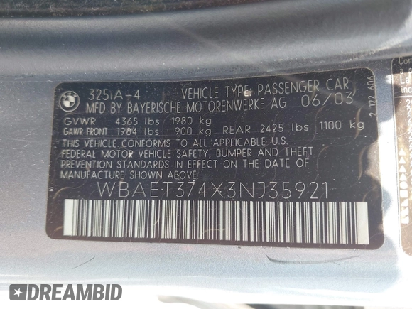 2003 BMW 3 Series 325i with VIN WBAET374X3NJ35921, listed as a IAAI auction lot 42321401 with 209,483 mi miles and . Bid and sale history available at DreamBid. Image 9.