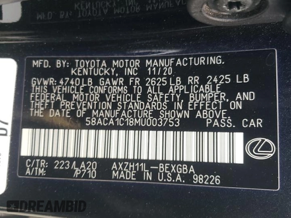 2021 Lexus ES with VIN 58ACA1C18MU003753, listed as a Copart auction lot 83847384 with 0 mi miles and Salvage Title. Bid and sale history available at carsss.com. Image 14.