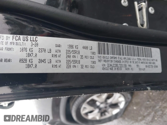 2020 Jeep Compass Limited with VIN 3C4NJCCB5LT231159, listed as a IAAI auction lot 40863456 with 73,880 mi miles and . Bid and sale history available at DreamBid. Image 9.