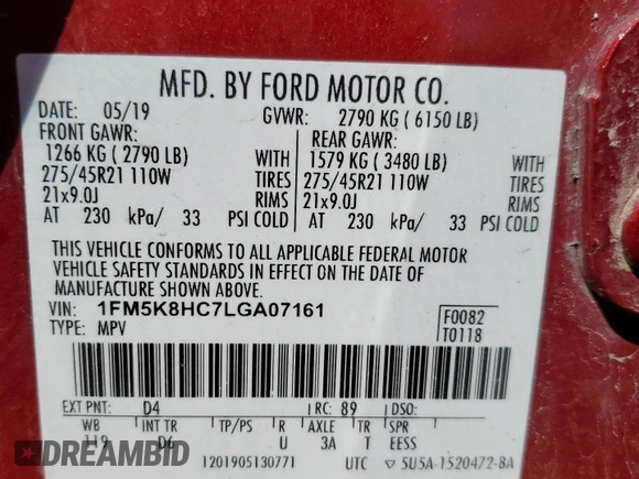 2020 Ford Explorer Platinum с VIN 1FM5K8HC7LGA07161, выставлен на аукционе Copart как лот 56369595 с пробегом 103 692 миль миль и Списание • Salvage title. История ставок и продаж доступна на DreamBid. Изображение 13.