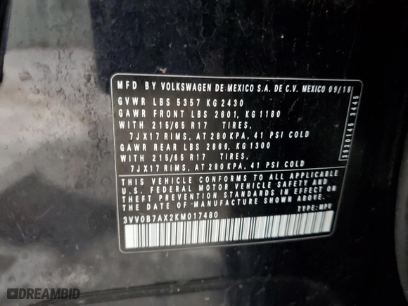 2019 Volkswagen Tiguan S with VIN 3VV0B7AX2KM017480, listed as a Copart auction lot 50917885 with 152,090 mi miles and Salvage Title. Bid and sale history available at carsss.com. Image 13.