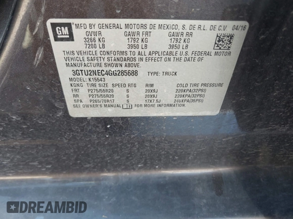 2016 GMC Sierra 1500 SLT with VIN 3GTU2NEC4GG285688, listed as a IAAI auction lot 40394598 with 121,940 mi miles and . Bid and sale history available at DreamBid. Image 9.