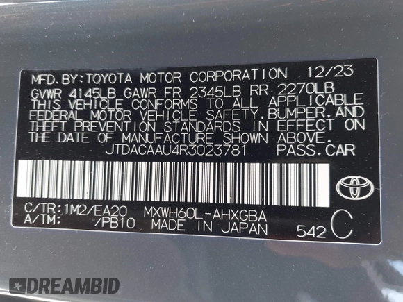 2024 Toyota Prius LE z VIN JTDACAAU4R3023781, wystawiony jako IAAI lot #42114520 z przebiegiem 20 884 mil mil oraz . Historia ofert i sprzedaży dostępna na DreamBid. Obrazek 9.