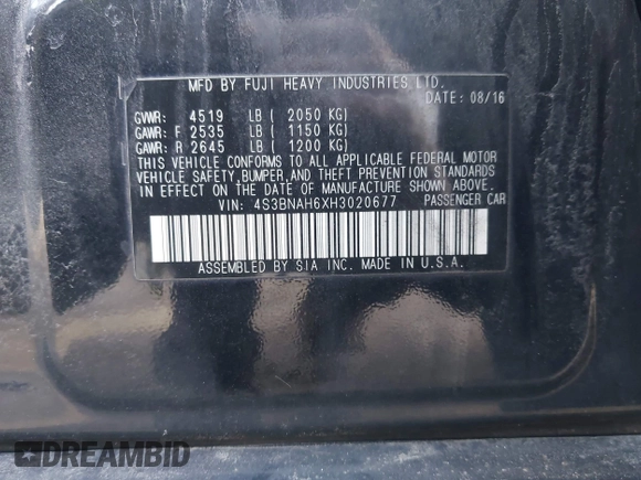 2017 Subaru Legacy Premium with VIN 4S3BNAH6XH3020677, listed as a IAAI auction lot 41781615 with 171,812 mi miles and . Bid and sale history available at DreamBid. Image 9.