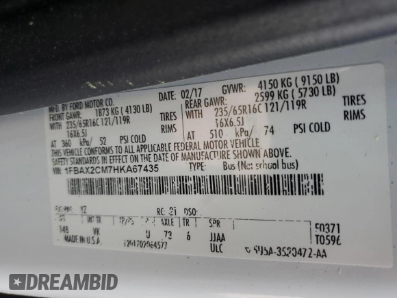 2017 Ford Transit XL с VIN 1FBAX2CM7HKA67435, выставлен на аукционе Copart как лот 53791305 с пробегом 141 748 миль миль и Списание • Salvage title. История ставок и продаж доступна на DreamBid. Изображение 13.