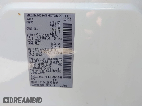 2015 Nissan Pathfinder SL with VIN 5N1AR2MN1FC608088, listed as a IAAI auction lot 42050710 with 102,532 mi miles and . Bid and sale history available at DreamBid. Image 9.