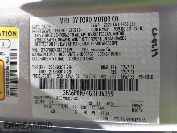 2016 Ford Fusion SE with VIN 3FA6P0H74GR106359, listed as a IAAI auction lot 42118469 with 158,622 mi miles and . Bid and sale history available at carsss.com. Image 11.