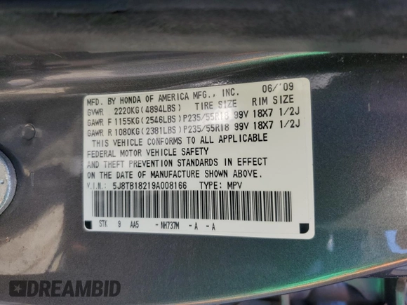 2009 Acura RDX with VIN 5J8TB18219A008166, listed as a Copart auction lot 54336975 with 176,430 mi miles and Salvage Title. Bid and sale history available at carsss.com. Image 13.