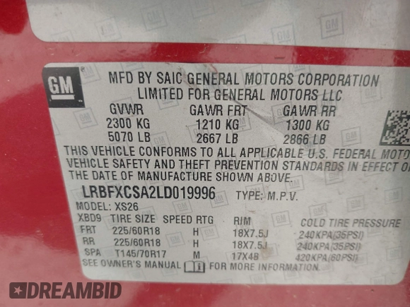 2020 Buick Envision Essence with VIN LRBFXCSA2LD019996, listed as a IAAI auction lot 41822093 with 112,829 mi miles and . Bid and sale history available at carsss.com. Image 9.