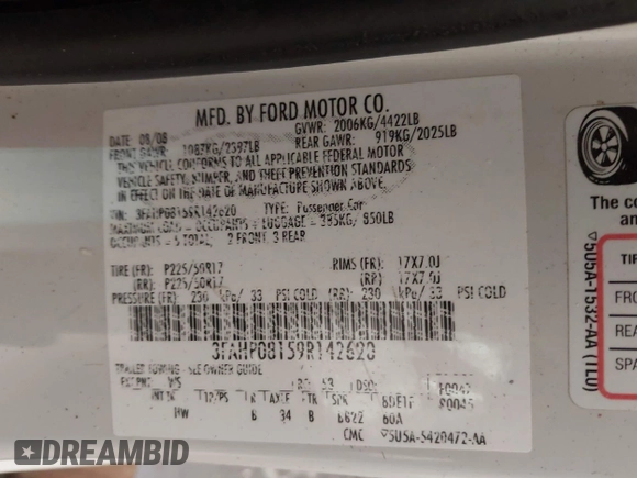 2009 Ford Fusion SEL with VIN 3FAHP08159R142620, listed as a IAAI auction lot 42040385 with 112,672 mi miles and . Bid and sale history available at carsss.com. Image 9.