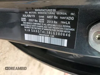 2020 Kia Optima LX with VIN 5XXGT4L38LG380646, listed as a Copart auction lot 50380995 with 59,167 mi miles and Clean Title. Bid and sale history available at carsss.com. Image 13.