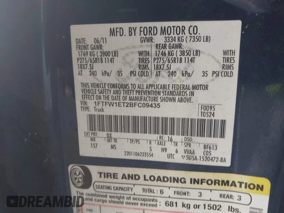 2011 Ford F-150 XLT with VIN 1FTFW1ET2BFC09435, listed as a IAAI auction lot 42514253 with 302,362 mi miles and . Bid and sale history available at DreamBid. Image 9.