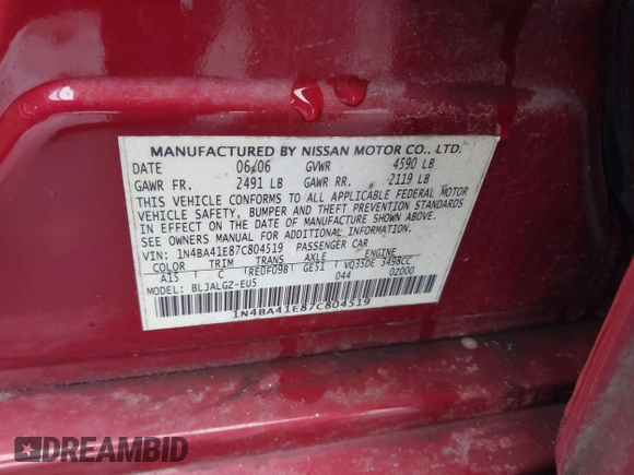 2007 Nissan Maxima 3.5 SE with VIN 1N4BA41E87C804519, listed as a IAAI auction lot 41549024 with 206,177 mi miles. Bid and sale history available at carsss.com. Image 9.