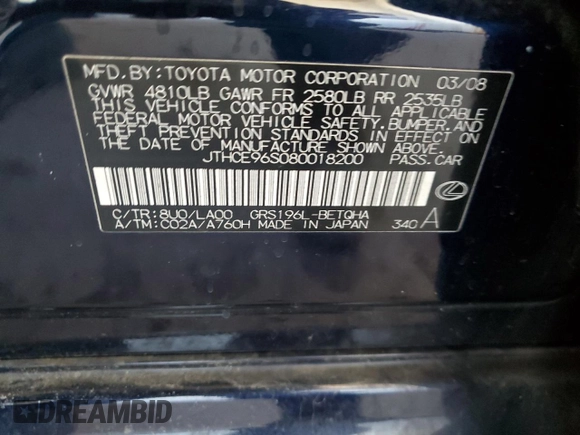 2008 Lexus GS 350 with VIN JTHCE96S080018200, listed as a Copart auction lot 44603035 with 186,926 mi miles and Salvage Title. Bid and sale history available at DreamBid. Image 12.