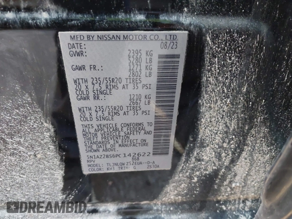 2023 Nissan Murano SV with VIN 5N1AZ2BS6PC142622, listed as a IAAI auction lot 40769002 with 24,053 mi miles and . Bid and sale history available at DreamBid. Image 9.