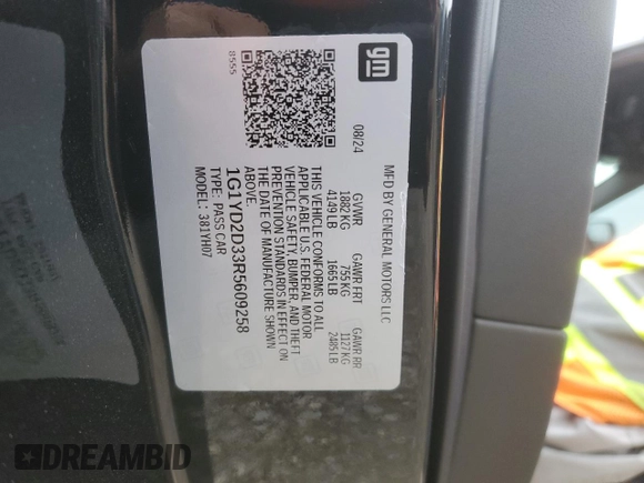 2024 Chevrolet Corvette 1LZ with VIN 1G1YD2D33R5609258, listed as a Copart auction lot 88055455 with 2,151 mi miles and Salvage Title. Bid and sale history available at DreamBid. Image 12.