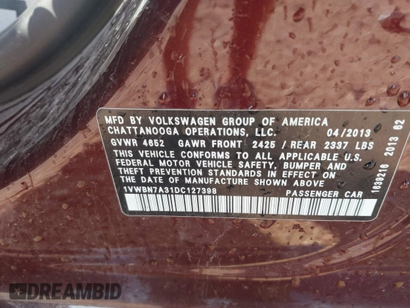 2013 Volkswagen Passat SE с VIN 1VWBN7A31DC127398, выставлен на аукционе IAAI как лот 42035829 с пробегом 103 974 миль миль и . История ставок и продаж доступна на DreamBid. Изображение 9.