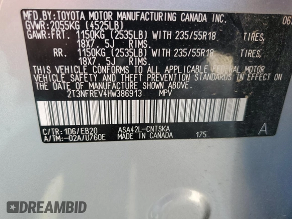 2017 Toyota RAV4 SE with VIN 2T3NFREV4HW386913, listed as a Copart auction lot 53620495 with 218,031 mi miles and Clean title. Bid and sale history available at DreamBid. Image 15.