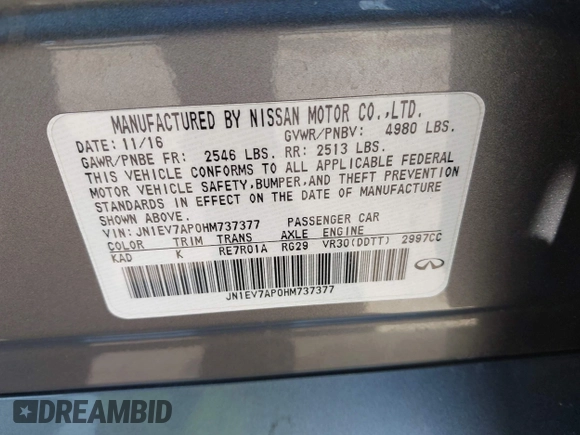 2017 Infiniti Q50 Premium with VIN JN1EV7AP0HM737377, listed as a IAAI auction lot 42507397 with 62,118 mi miles and . Bid and sale history available at DreamBid. Image 9.