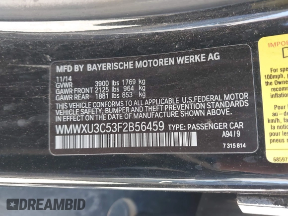 2015 MINI Hardtop 4 Door S with VIN WMWXU3C53F2B56459, listed as a IAAI auction lot 41400624 with 233,850 mi miles and . Bid and sale history available at DreamBid. Image 9.
