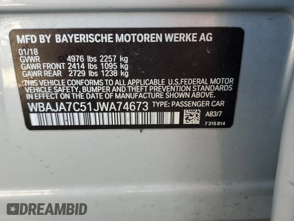 2018 BMW 5 Series 530i xDrive with VIN WBAJA7C51JWA74673, listed as a Copart auction lot 49479335 with 98,312 mi miles and Salvage Title. Bid and sale history available at carsss.com. Image 12.