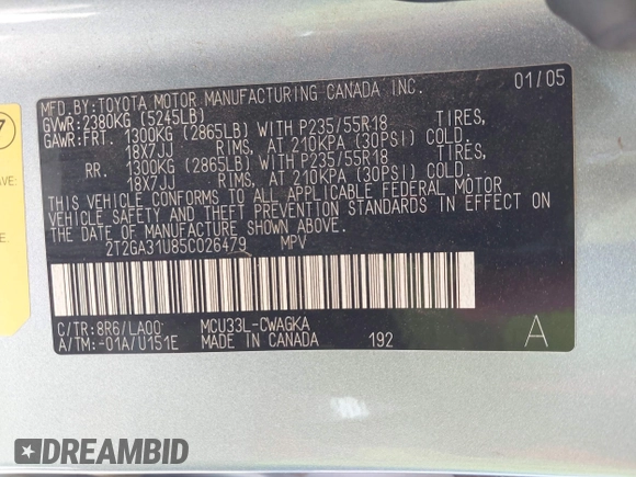 2005 Lexus RX 330 with VIN 2T2GA31U85C026479, listed as a IAAI auction lot 42493455 with 167,539 mi miles and . Bid and sale history available at DreamBid. Image 9.
