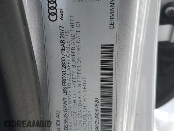 2018 Audi A7 Premium Plus with VIN WAUW3AFC9JN087620, listed as a Copart auction lot 42178915 with 87,445 mi miles and Salvage title. Bid and sale history available at DreamBid. Image 12.