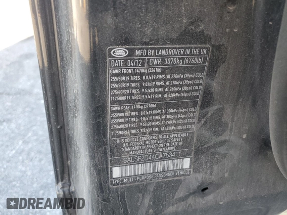2012 Land Rover Range Rover Sport HSE with VIN SALSF2D44CA753411, listed as a Copart auction lot 58253215 with Not provided miles and Clean title. Bid and sale history available at DreamBid. Image 13.