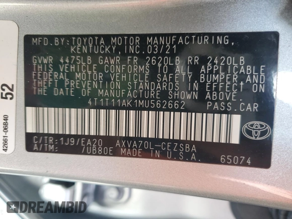 2021 Toyota Camry SE Nightshade with VIN 4T1T11AK1MU562662, listed as a Copart auction lot 66091464 with Not Provided miles and Non Repairable. Bid and sale history available at DreamBid. Image 12.