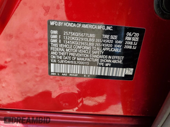 2020 Acura MDX w/Advance/Entertainment Pkg with VIN 5J8YD4H93LY000115, listed as a Copart auction lot 57783084 with 38,286 mi miles and Salvage Title. Bid and sale history available at carsss.com. Image 15.