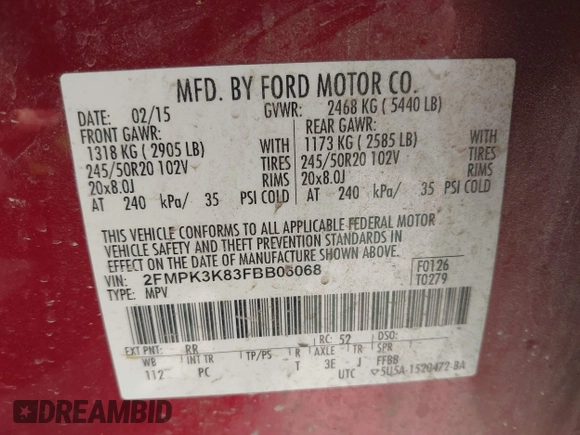 2015 Ford Edge Titanium z VIN 2FMPK3K83FBB06068, wystawiony jako IAAI lot #41774040 z przebiegiem 134 821 mil mil oraz . Historia ofert i sprzedaży dostępna na DreamBid. Obrazek 9.