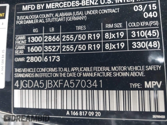 2015 Mercedes-Benz M 350 with VIN 4JGDA5JBXFA570341, listed as a IAAI auction lot 41598681 with 141,796 mi miles and . Bid and sale history available at DreamBid. Image 9.