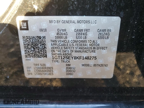 2019 GMC Sierra 2500HD Denali with VIN 1GT12SEY8KF148275, listed as a Copart auction lot 42408315 with 41,216 mi miles and Salvage Title. Bid and sale history available at carsss.com. Image 12.