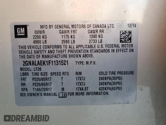 2015 Chevrolet Equinox LS with VIN 2GNALAEK1F1131521, listed as a Copart auction lot 48904285 with 149,786 mi miles and Salvage Title. Bid and sale history available at carsss.com. Image 14.