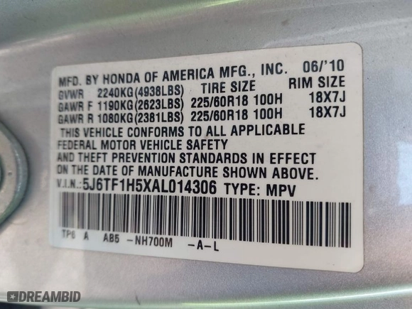 2010 Honda Accord Crosstour EX-L with VIN 5J6TF1H5XAL014306, listed as a IAAI auction lot 41847698 with 211,466 mi miles. Bid and sale history available at carsss.com. Image 9.