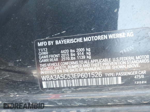 2014 BMW 3 Series 328i with VIN WBA3A5C53EP601526, listed as a IAAI auction lot 41910806 with 114,877 mi miles. Bid and sale history available at carsss.com. Image 9.