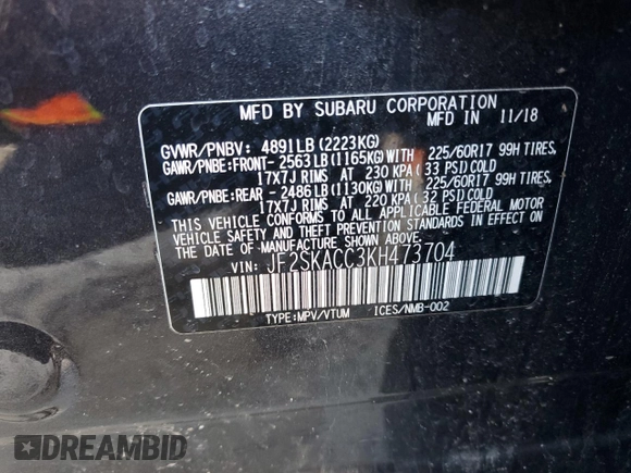 2019 Subaru Forester with VIN JF2SKACC3KH473704, listed as a Copart auction lot 48557385 with 42,666 mi miles and Salvage Title. Bid and sale history available at carsss.com. Image 13.