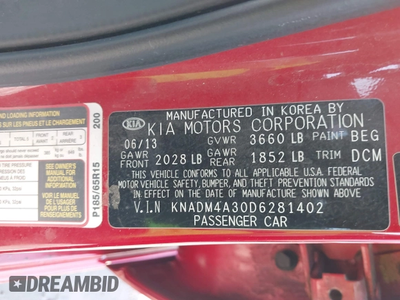2013 Kia Rio LX z VIN KNADM4A30D6281402, wystawiony jako IAAI lot #42200801 z przebiegiem 132 180 mil mil oraz . Historia ofert i sprzedaży dostępna na DreamBid. Obrazek 9.