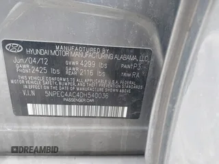 2013 Hyundai Sonata Limited with VIN 5NPEC4AC4DH540036, listed as a IAAI auction lot 41857117 with 273,532 mi miles and . Bid and sale history available at DreamBid. Image 9.