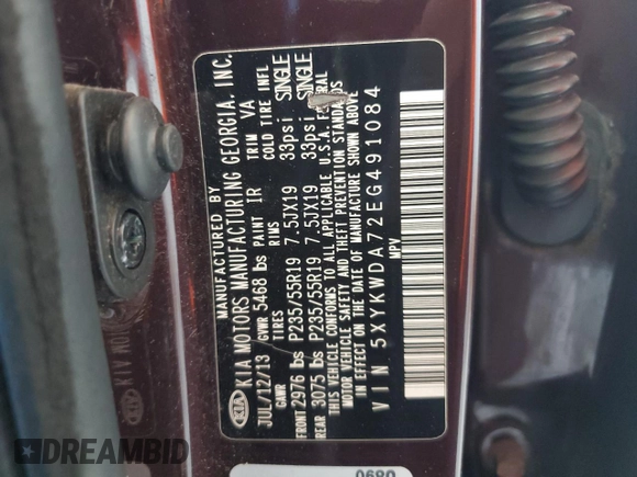 2014 Kia Sorento SX with VIN 5XYKWDA72EG491084, listed as a Copart auction lot 57235995 with 143,604 mi miles and Clean title. Bid and sale history available at DreamBid. Image 13.