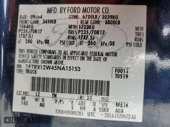 2005 Ford F-150 STX with VIN 1FTRX12W45NA15153, listed as a Copart auction lot 54366925 with 246,397 mi miles and Clean title. Bid and sale history available at DreamBid. Image 12.