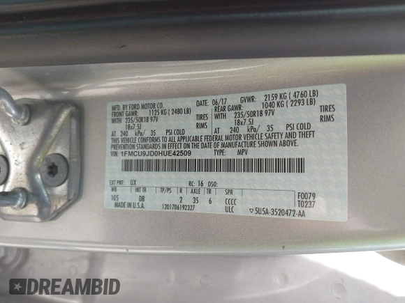 2017 Ford Escape Titanium with VIN 1FMCU9JD0HUE42509, listed as a IAAI auction lot 42079984 with 1 mi miles. Bid and sale history available at carsss.com. Image 9.