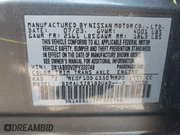 2023 Nissan Sentra SR with VIN 3N1AB8DV2PY320748, listed as a IAAI auction lot 41822936 with 19,292 mi miles. Bid and sale history available at carsss.com. Image 9.