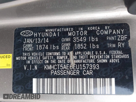 2014 Hyundai Accent GS with VIN KMHCT5AE6EU157393, listed as a IAAI auction lot 42188160 with 221,375 mi miles and . Bid and sale history available at DreamBid. Image 9.