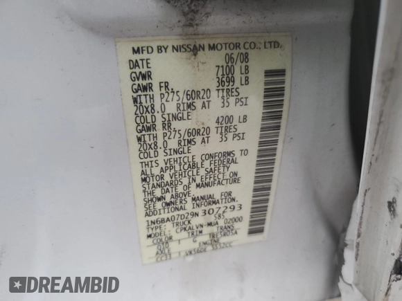2009 Nissan Titan LE with VIN 1N6BA07D29N307293, listed as a Copart auction lot 42813355 with 259,046 mi miles and Salvage Title. Bid and sale history available at carsss.com. Image 14.