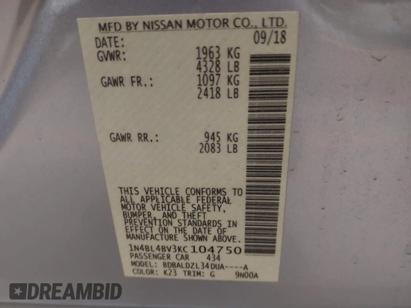 2019 Nissan Altima S with VIN 1N4BL4BV3KC104750, listed as a IAAI auction lot 41721052 with 76,971 mi miles and . Bid and sale history available at carsss.com. Image 9.