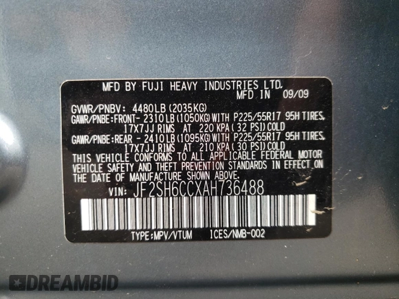 2010 Subaru Forester X Premium with VIN JF2SH6CCXAH736488, listed as a Copart auction lot 61040815 with 61,823 mi miles and Salvage title. Bid and sale history available at DreamBid. Image 13.