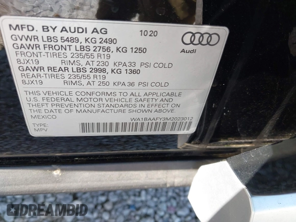 2021 Audi Q5 Premium Plus with VIN WA1BAAFY3M2023012, listed as a IAAI auction lot 41983076 with 71,249 mi miles. Bid and sale history available at carsss.com. Image 9.