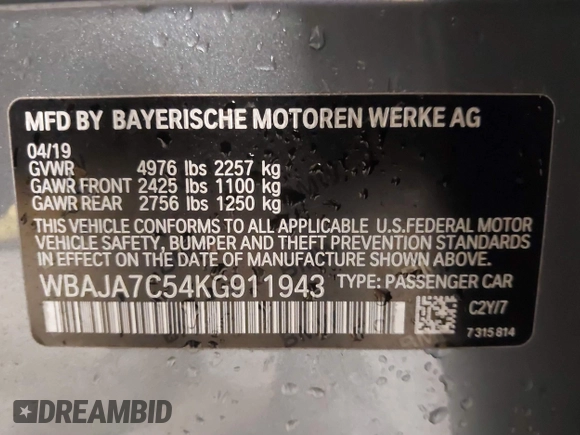 2019 BMW 5 Series 530i xDrive with VIN WBAJA7C54KG911943, listed as a IAAI auction lot 41708165 with 92,948 mi miles. Bid and sale history available at carsss.com. Image 9.